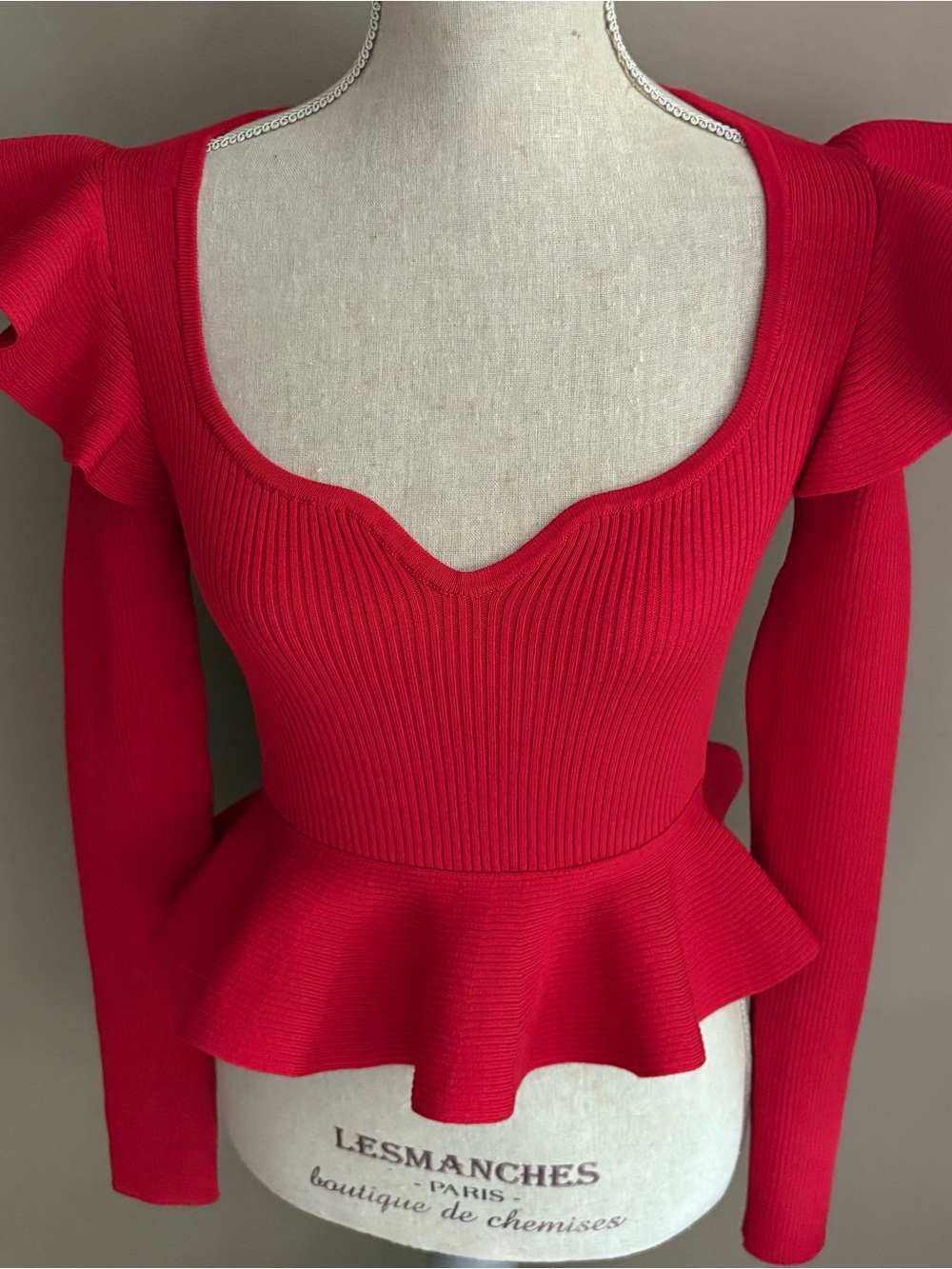 Express Red Ruffled Peplum Knit Top Sweetheart Neckline Ruffle Shoulder
